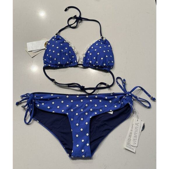 Vitamin A Rio Reversible Bikini Top Bottom Blue Polka Dot 2 Piece Set Retro NEW - Picture 1 of 10